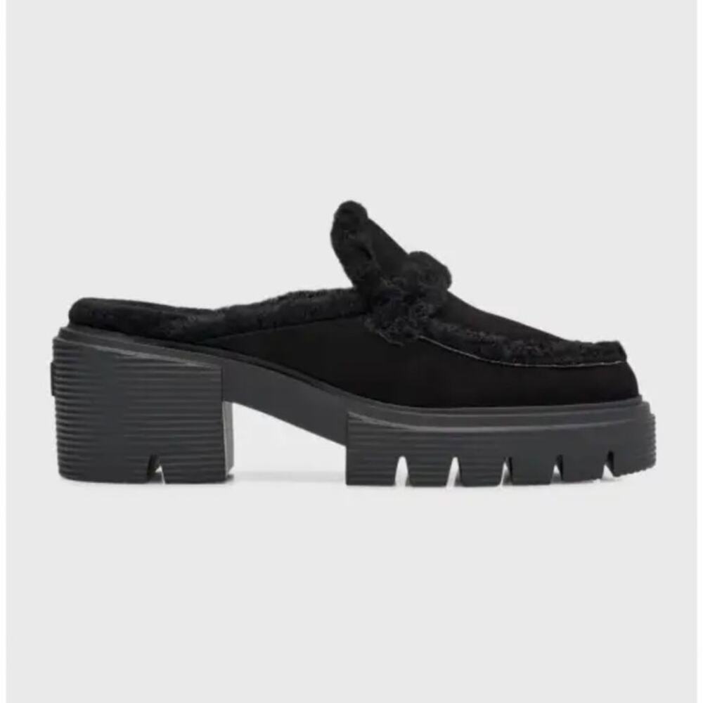 Stuart Weitzman Soho Chill Suede Shearling Loafer Mule Black 9.5B‎ Platform